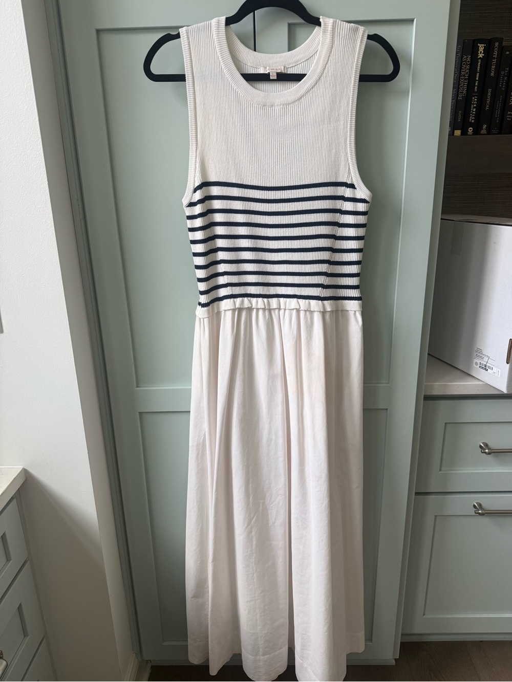 Skies Are Blue White Maxi Dress with Navy Stripes